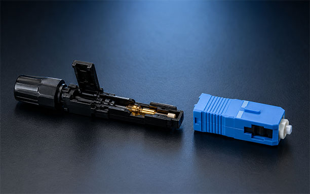 SC/UPC fast connector disassembled showing pre-polished ceramic ferrule inside