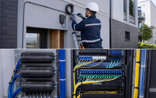 FTTH last-mile installation with fast connector and indoor fiber distribution room with splice closures