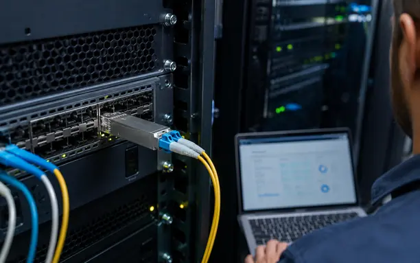 Engineer validating SFP transceiver compatibility and optical diagnostics