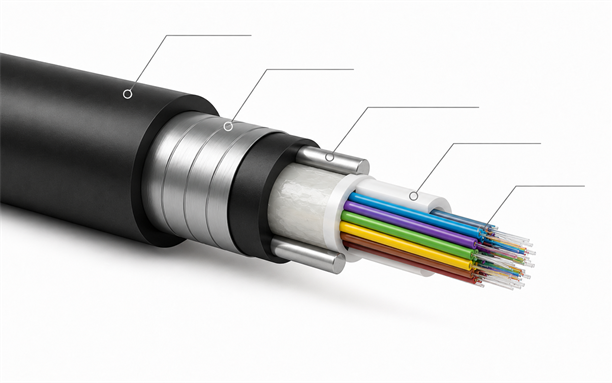 GYXTW fiber optic cable structure with central loose tube, steel tape armor, strength members and PE sheath