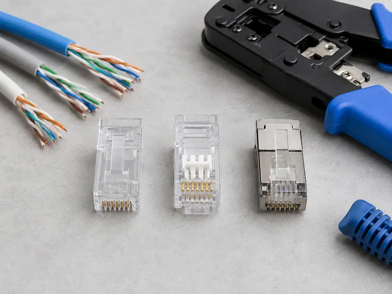 Different types of RJ45 connectors including Cat5e Cat6 and Cat6A modular plugs on a workbench