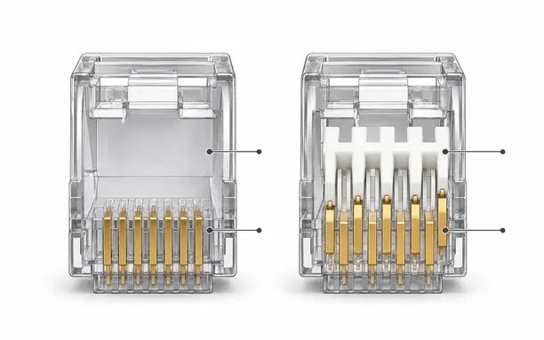 Internal structure comparison between Cat5e and Cat6 RJ45 connectors showing load bar and staggered pins