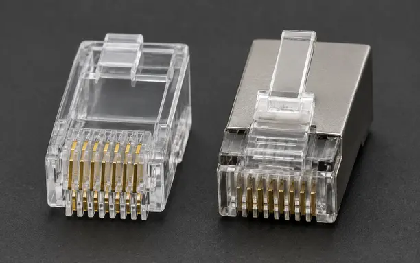 Unshielded UTP and shielded STP RJ45 connectors side by side showing metal housing difference