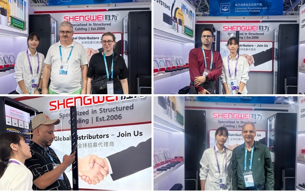 Collage of SHENGWEI sales team meeting global buyers and discussing fiber optic and structured cabling projects at Canton Fair booth